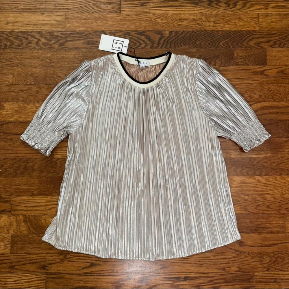 THML Metallic Silver Gold Pleated Blouse with puffy sleeves - size medium